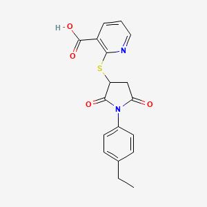 molecular formula C18H16N2O4S B2474056 2-((1-(4-Ethylphenyl)-2,5-dioxopyrrolidin-3-yl)thio)nicotinic acid CAS No. 838905-98-9