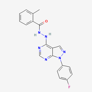 molecular formula C19H15FN6O B2474071 N'-[1-(4-氟苯基)-1H-吡唑并[3,4-d]嘧啶-4-基]-2-甲基苯甲酰肼 CAS No. 890940-27-9
