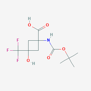 molecular formula C11H16F3NO5 B2474101 3-Hydroxy-1-[(2-methylpropan-2-yl)oxycarbonylamino]-3-(trifluoromethyl)cyclobutane-1-carboxylic acid CAS No. 2445785-23-7
