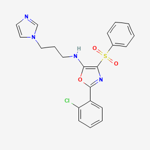 molecular formula C21H19ClN4O3S B2474107 4-(benzenesulfonyl)-2-(2-chlorophenyl)-N-(3-imidazol-1-ylpropyl)-1,3-oxazol-5-amine CAS No. 380318-31-0