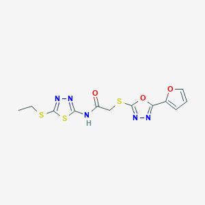 molecular formula C12H11N5O3S3 B2474120 N-(5-(乙硫基)-1,3,4-噻二唑-2-基)-2-((5-(呋喃-2-基)-1,3,4-噁二唑-2-基)硫)乙酰胺 CAS No. 919622-30-3