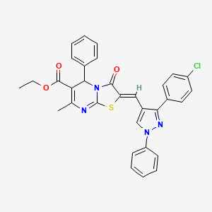 molecular formula C32H25ClN4O3S B2474147 (Z)-ethyl 2-((3-(4-chlorophenyl)-1-phenyl-1H-pyrazol-4-yl)methylene)-7-methyl-3-oxo-5-phenyl-3,5-dihydro-2H-thiazolo[3,2-a]pyrimidine-6-carboxylate CAS No. 311810-04-5