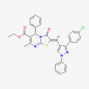 molecular formula C32H25ClN4O3S B2474147 (Z)-乙基 2-((3-(4-氯苯基)-1-苯基-1H-吡唑-4-基)亚甲基)-7-甲基-3-氧代-5-苯基-3,5-二氢-2H-噻唑并[3,2-a]嘧啶-6-羧酸酯 CAS No. 311810-04-5