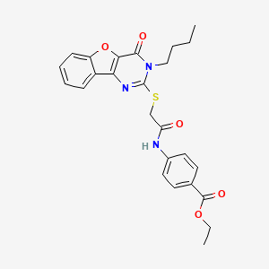 molecular formula C25H25N3O5S B2474151 4-(2-((3-ブチル-4-オキソ-3,4-ジヒドロベンゾフロ[3,2-d]ピリミジン-2-イル)チオ)アセトアミド)安息香酸エチル CAS No. 899982-05-9