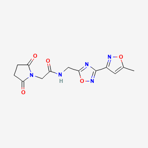 molecular formula C13H13N5O5 B2474204 2-(2,5-dioxopyrrolidin-1-yl)-N-((3-(5-methylisoxazol-3-yl)-1,2,4-oxadiazol-5-yl)methyl)acetamide CAS No. 2034321-44-1