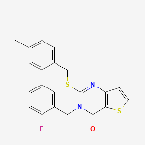 molecular formula C22H19FN2OS2 B2474206 2-[(3,4-dimethylbenzyl)sulfanyl]-3-(2-fluorobenzyl)thieno[3,2-d]pyrimidin-4(3H)-one CAS No. 1326914-63-9