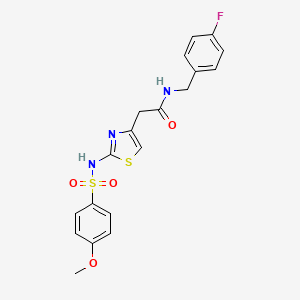 molecular formula C19H18FN3O4S2 B2474228 N-(4-fluorobenzyl)-2-(2-(4-methoxyphenylsulfonamido)thiazol-4-yl)acetamide CAS No. 922074-48-4