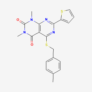 molecular formula C20H18N4O2S2 B2474239 1,3-dimethyl-5-((4-methylbenzyl)thio)-7-(thiophen-2-yl)pyrimido[4,5-d]pyrimidine-2,4(1H,3H)-dione CAS No. 847192-18-1