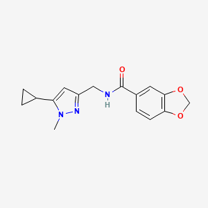 molecular formula C16H17N3O3 B2474273 N-((5-cyclopropyl-1-methyl-1H-pyrazol-3-yl)methyl)benzo[d][1,3]dioxole-5-carboxamide CAS No. 1448060-43-2