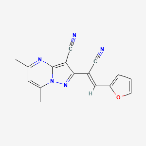 molecular formula C16H11N5O B2474281 2-[1-Cyano-2-(2-furyl)vinyl]-5,7-dimethylpyrazolo[1,5-a]pyrimidine-3-carbonitrile CAS No. 338418-46-5