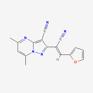 molecular formula C16H11N5O B2474281 2-[1-氰基-2-(2-呋喃基)乙烯基]-5,7-二甲基吡唑并[1,5-a]嘧啶-3-腈 CAS No. 338418-46-5