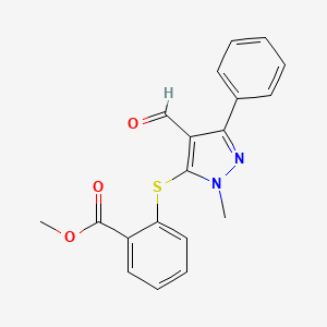 molecular formula C19H16N2O3S B2474285 methyl 2-[(4-formyl-1-methyl-3-phenyl-1H-pyrazol-5-yl)sulfanyl]benzenecarboxylate CAS No. 321538-23-2