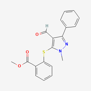 molecular formula C19H16N2O3S B2474285 2-[(4-formyl-1-méthyl-3-phényl-1H-pyrazol-5-yl)sulfanyl]benzènecarboxylate de méthyle CAS No. 321538-23-2