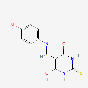molecular formula C12H11N3O3S B2474314 5-{[(4-Methoxyphenyl)amino]methylidene}-2-sulfanylidene-1,3-diazinane-4,6-dione CAS No. 86327-61-9