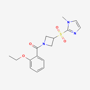 molecular formula C16H19N3O4S B2474322 (2-ethoxyphenyl)(3-((1-methyl-1H-imidazol-2-yl)sulfonyl)azetidin-1-yl)methanone CAS No. 2034357-86-1