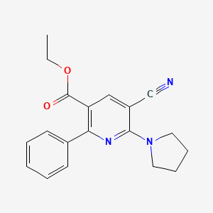 molecular formula C19H19N3O2 B2474338 Ethyl 5-cyano-2-phenyl-6-(1-pyrrolidinyl)nicotinate CAS No. 477866-02-7