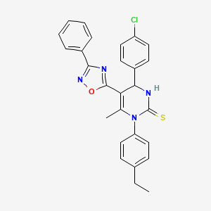 molecular formula C27H23ClN4OS B2474374 4-(4-chlorophenyl)-1-(4-ethylphenyl)-6-methyl-5-(3-phenyl-1,2,4-oxadiazol-5-yl)-3,4-dihydropyrimidine-2(1H)-thione CAS No. 1169977-10-9
