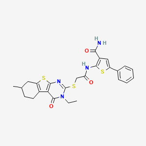 2-[2-({4-Ethyl-11-methyl-3-oxo-8-thia-4,6-diazatricyclo[7.4.0.0^{2,7}]trideca-1(9),2(7),5-trien-5-yl}sulfanyl)acetamido]-5-phenylthiophene-3-carboxamide