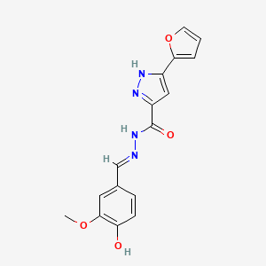 molecular formula C16H14N4O4 B2474635 (E)-3-(呋喃-2-基)-N'-(4-羟基-3-甲氧基苄亚基)-1H-吡唑-5-甲酰肼 CAS No. 1285563-66-7