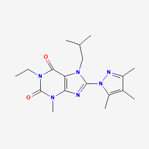 molecular formula C18H26N6O2 B2474665 1-ethyl-3-methyl-7-(2-methylpropyl)-8-(3,4,5-trimethyl-1H-pyrazol-1-yl)-2,3,6,7-tetrahydro-1H-purine-2,6-dione CAS No. 1013762-76-9