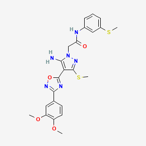 molecular formula C23H24N6O4S2 B2474671 2-(5-amino-4-(3-(3,4-dimethoxyphenyl)-1,2,4-oxadiazol-5-yl)-3-(methylthio)-1H-pyrazol-1-yl)-N-(3-(methylthio)phenyl)acetamide CAS No. 1242871-79-9