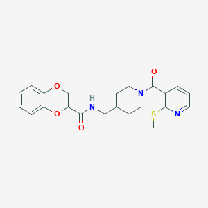 molecular formula C22H25N3O4S B2474698 N-((1-(2-(甲硫基)烟酰基)哌啶-4-基)甲基)-2,3-二氢苯并[b][1,4]二氧杂环-2-甲酰胺 CAS No. 1234940-39-6