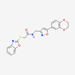 molecular formula C21H17N3O5S B2474715 2-(benzo[d]oxazol-2-ylthio)-N-((5-(2,3-dihydrobenzo[b][1,4]dioxin-6-yl)isoxazol-3-yl)methyl)acetamide CAS No. 1207051-03-3