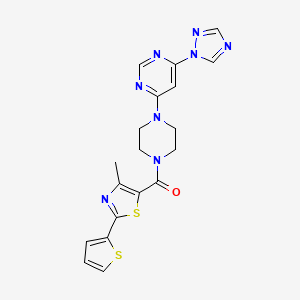 molecular formula C19H18N8OS2 B2474741 (4-(6-(1H-1,2,4-triazol-1-yl)pyrimidin-4-yl)piperazin-1-yl)(4-methyl-2-(thiophen-2-yl)thiazol-5-yl)methanone CAS No. 1795303-86-4