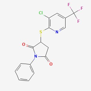 molecular formula C16H10ClF3N2O2S B2474752 3-{[3-chloro-5-(trifluoromethyl)-2-pyridinyl]sulfanyl}-1-phenyldihydro-1H-pyrrole-2,5-dione CAS No. 321430-83-5