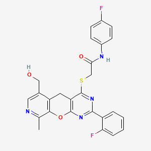 molecular formula C26H20F2N4O3S B2474764 N-(4-fluorophenyl)-2-((2-(2-fluorophenyl)-6-(hydroxymethyl)-9-methyl-5H-pyrido[4',3':5,6]pyrano[2,3-d]pyrimidin-4-yl)thio)acetamide CAS No. 892386-34-4