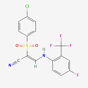 molecular formula C16H9ClF4N2O2S B2474830 2-((4-Chlorophenyl)sulfonyl)-3-((4-fluoro-2-(trifluoromethyl)phenyl)amino)prop-2-enenitrile CAS No. 1025257-47-9