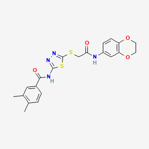molecular formula C21H20N4O4S2 B2474885 N-(5-((2-((2,3-dihydrobenzo[b][1,4]dioxin-6-yl)amino)-2-oxoethyl)thio)-1,3,4-thiadiazol-2-yl)-3,4-dimethylbenzamide CAS No. 868977-06-4