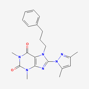 molecular formula C21H24N6O2 B2474906 8-(3,5-dimethyl-1H-pyrazol-1-yl)-1,3-dimethyl-7-(3-phenylpropyl)-1H-purine-2,6(3H,7H)-dione CAS No. 1019100-28-7