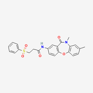 molecular formula C24H22N2O5S B2474909 3-(ベンゼンスルホニル)-N-{6,9-ジメチル-10-オキソ-2-オキサ-9-アザトリシクロ[9.4.0.0^{3,8}]ペンタデカ-1(11),3(8),4,6,12,14-ヘキサエン-13-イル}プロパンアミド CAS No. 1211346-93-8