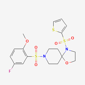molecular formula C18H21FN2O6S3 B2474919 8-((5-Fluoro-2-methoxyphenyl)sulfonyl)-4-(thiophen-2-ylsulfonyl)-1-oxa-4,8-diazaspiro[4.5]decane CAS No. 898425-35-9