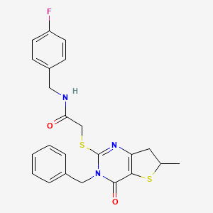 molecular formula C23H22FN3O2S2 B2474934 2-[(3-benzyl-6-methyl-4-oxo-6,7-dihydrothieno[3,2-d]pyrimidin-2-yl)sulfanyl]-N-[(4-fluorophenyl)methyl]acetamide CAS No. 689263-08-9