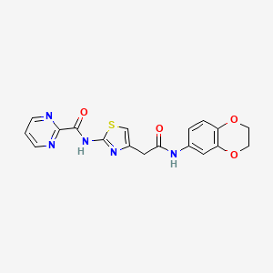 molecular formula C18H15N5O4S B2474939 N-(4-(2-((2,3-二氢苯并[b][1,4]二氧杂环-6-基)氨基)-2-氧代乙基)噻唑-2-基)嘧啶-2-甲酰胺 CAS No. 1286709-76-9