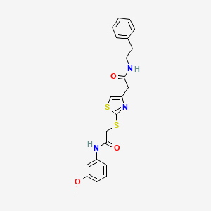 molecular formula C22H23N3O3S2 B2474952 N-(3-methoxyphenyl)-2-((4-(2-oxo-2-(phenethylamino)ethyl)thiazol-2-yl)thio)acetamide CAS No. 941937-64-0