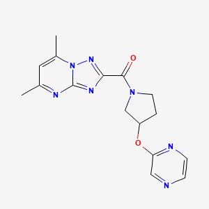 molecular formula C16H17N7O2 B2474993 (5,7-Dimethyl-[1,2,4]triazolo[1,5-a]pyrimidin-2-yl)(3-(pyrazin-2-yloxy)pyrrolidin-1-yl)methanone CAS No. 2034280-71-0
