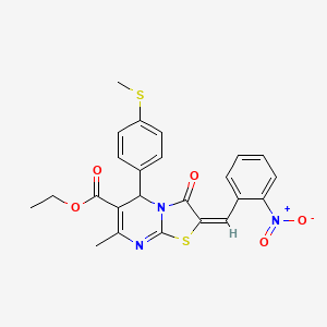 molecular formula C24H21N3O5S2 B2474994 (E)-ethyl 7-methyl-5-(4-(methylthio)phenyl)-2-(2-nitrobenzylidene)-3-oxo-3,5-dihydro-2H-thiazolo[3,2-a]pyrimidine-6-carboxylate CAS No. 612077-27-7