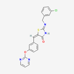 molecular formula C21H15ClN4O2S B2475003 2-[(3-chlorobenzyl)amino]-5-{(E)-[3-(2-pyrimidinyloxy)phenyl]methylidene}-1,3-thiazol-4(5H)-one CAS No. 860789-45-3