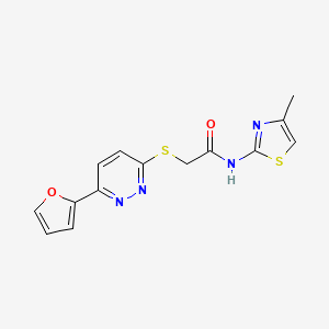 molecular formula C14H12N4O2S2 B2475016 2-((6-(furan-2-yl)pyridazin-3-yl)thio)-N-(4-methylthiazol-2-yl)acetamide CAS No. 893989-90-7