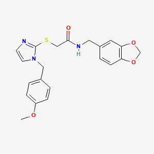 molecular formula C21H21N3O4S B2475018 N-(1,3-苯并二氧杂环-5-基甲基)-2-[1-[(4-甲氧基苯基)甲基]咪唑-2-基]硫代乙酰胺 CAS No. 869346-60-1