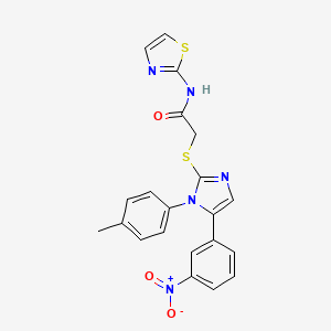 molecular formula C21H17N5O3S2 B2475056 2-((5-(3-nitrophenyl)-1-(p-tolyl)-1H-imidazol-2-yl)thio)-N-(thiazol-2-yl)acetamide CAS No. 1235043-54-5