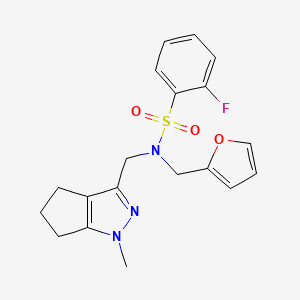 molecular formula C19H20FN3O3S B2475166 2-fluoro-N-(furan-2-ylmethyl)-N-((1-methyl-1,4,5,6-tetrahydrocyclopenta[c]pyrazol-3-yl)methyl)benzenesulfonamide CAS No. 1787880-43-6