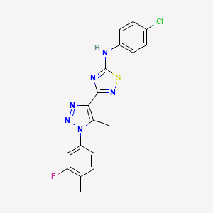 molecular formula C18H14ClFN6S B2475202 4-chloro-N-[phenyl(5-piperidin-1-yl-1,3,4-oxadiazol-2-yl)methyl]benzamide CAS No. 1216615-04-1