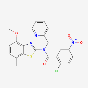 molecular formula C22H17ClN4O4S B2475223 2-氯-N-(4-甲氧基-7-甲基苯并[d]噻唑-2-基)-5-硝基-N-(吡啶-2-基甲基)苯甲酰胺 CAS No. 899736-14-2