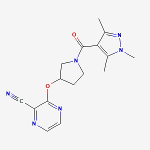 molecular formula C16H18N6O2 B2475229 3-((1-(1,3,5-trimethyl-1H-pyrazole-4-carbonyl)pyrrolidin-3-yl)oxy)pyrazine-2-carbonitrile CAS No. 2034206-71-6