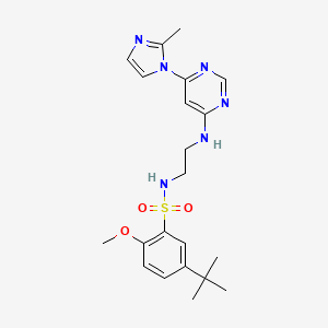 molecular formula C21H28N6O3S B2475237 5-(tert-butyl)-2-methoxy-N-(2-((6-(2-methyl-1H-imidazol-1-yl)pyrimidin-4-yl)amino)ethyl)benzenesulfonamide CAS No. 1172257-54-3