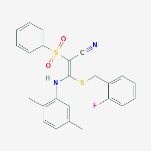 molecular formula C24H21FN2O2S2 B2475248 (E)-3-((2,5-二甲基苯基)氨基)-3-((2-氟苄基)硫代)-2-(苯磺酰基)丙烯腈 CAS No. 866348-31-4